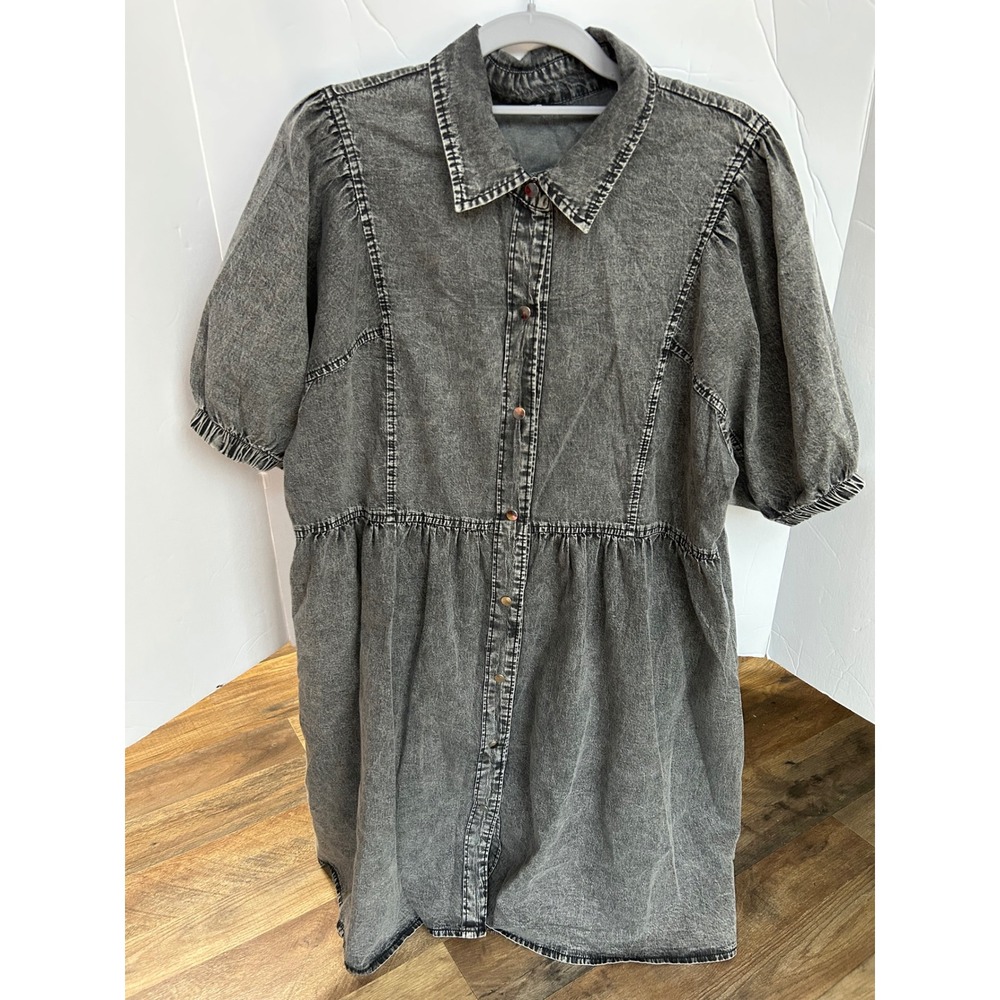 Unbranded Denim Shirt Dress Womens Size L Black Acid Wash Excellent Puff Sleeve